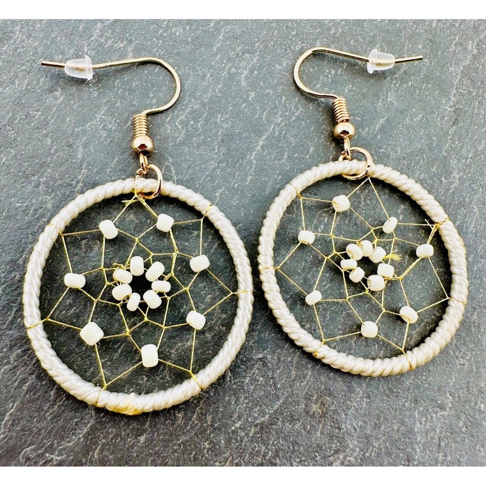 Delicate Beaded Dreamcatcher Earrings Ivory & Gold Tone NEW